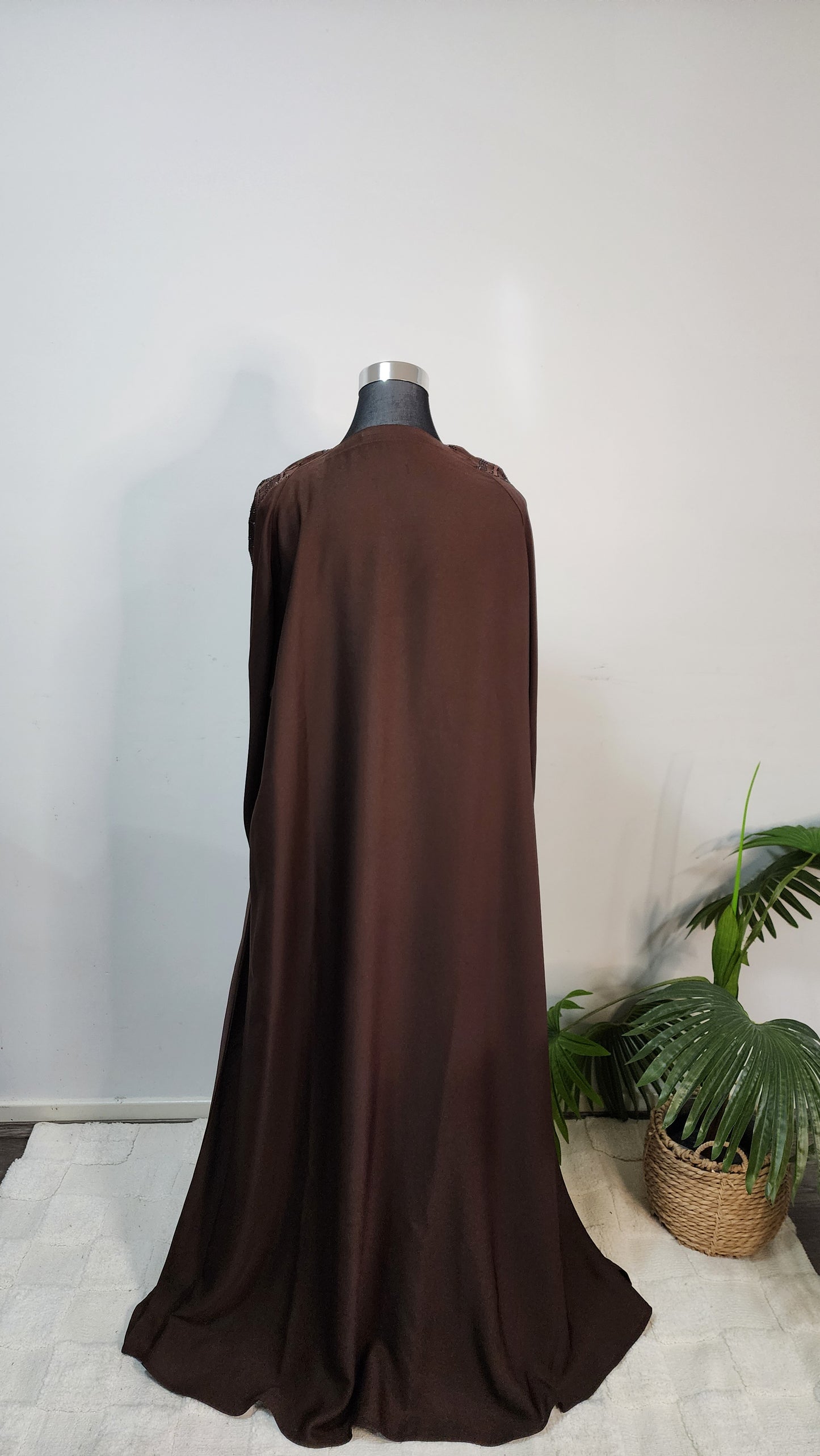 Chocolate Brown Abaya with Embellished Sleeves and Neckline – Modest Luxury with Tassel Detail