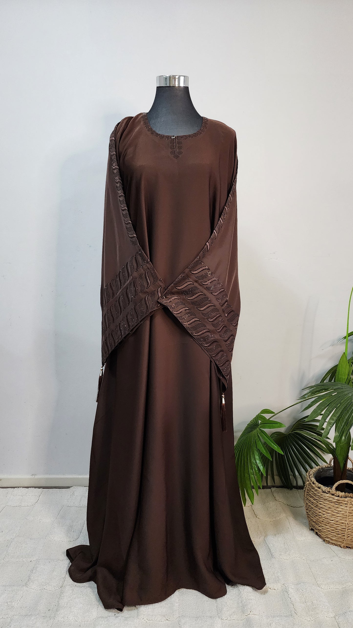 Chocolate Brown Abaya with Embellished Sleeves and Neckline – Modest Luxury with Tassel Detail