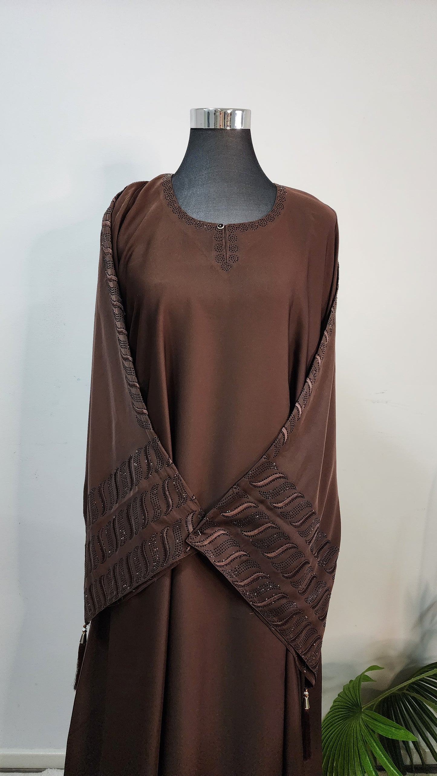 Chocolate Brown Abaya with Embellished Sleeves and Neckline – Modest Luxury with Tassel Detail