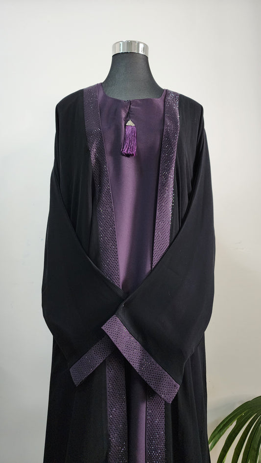 Black and Purple double Layered Abaya with Sequin Trim – Elegant Modest Evening Wear