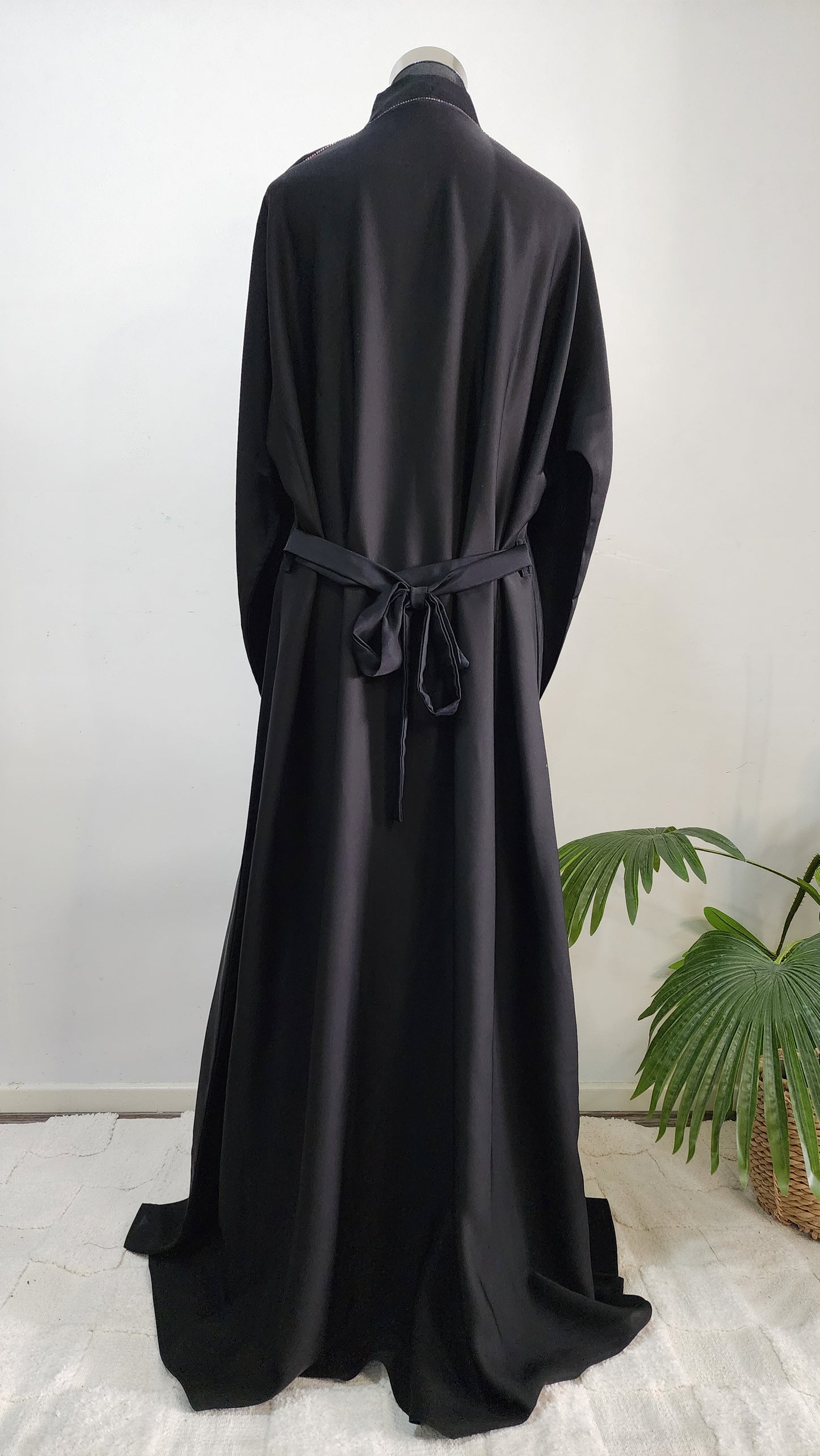 Black Abaya with Purple Embroidered Motifs and Belt – Elegant Open Front Design with Tassel Detail