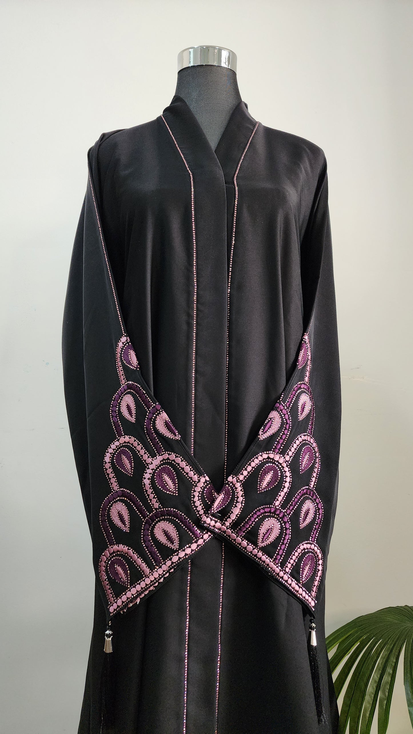 Black Abaya with Purple Embroidered Motifs and Belt – Elegant Open Front Design with Tassel Detail