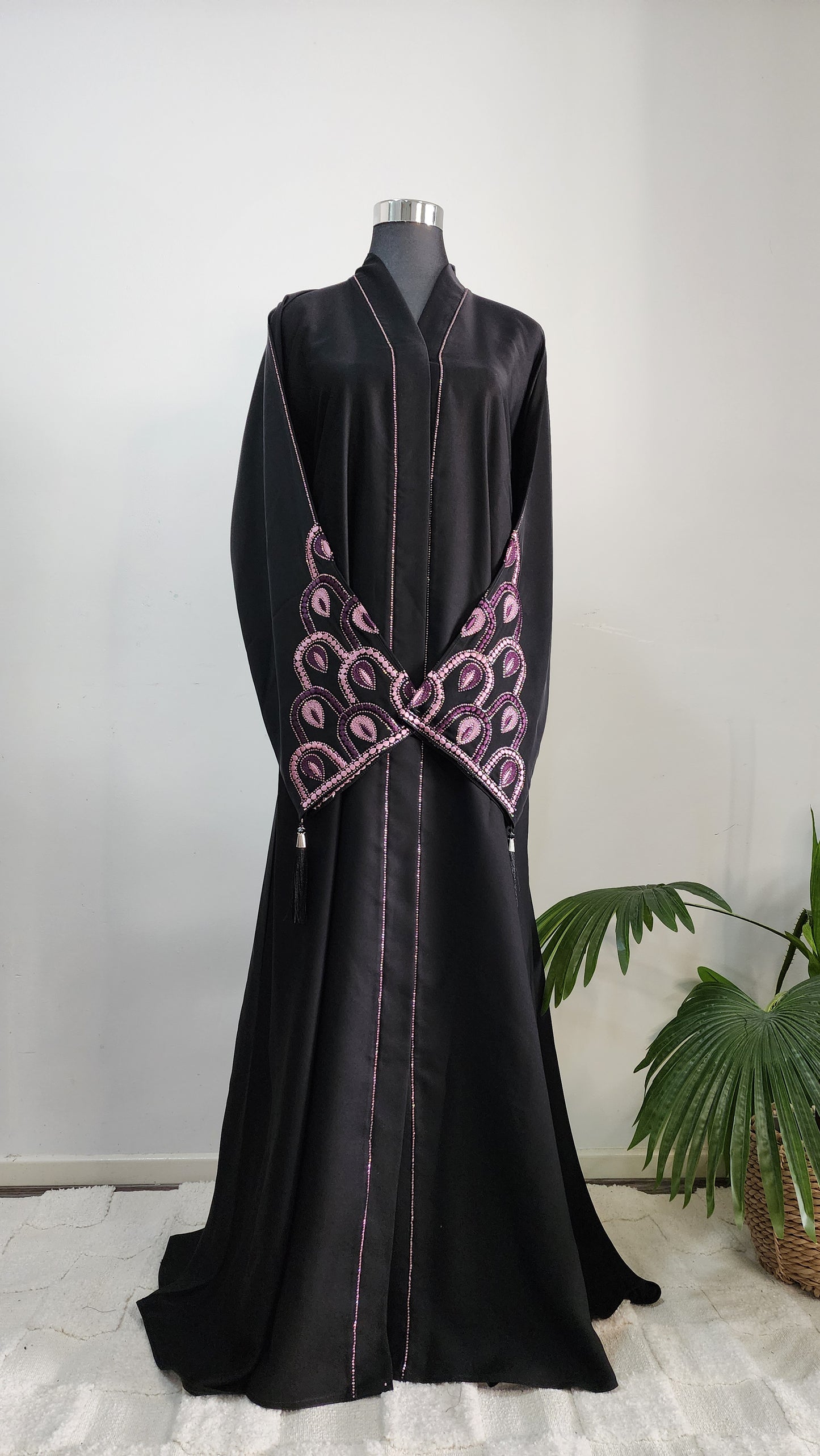 Black Abaya with Purple Embroidered Motifs and Belt – Elegant Open Front Design with Tassel Detail