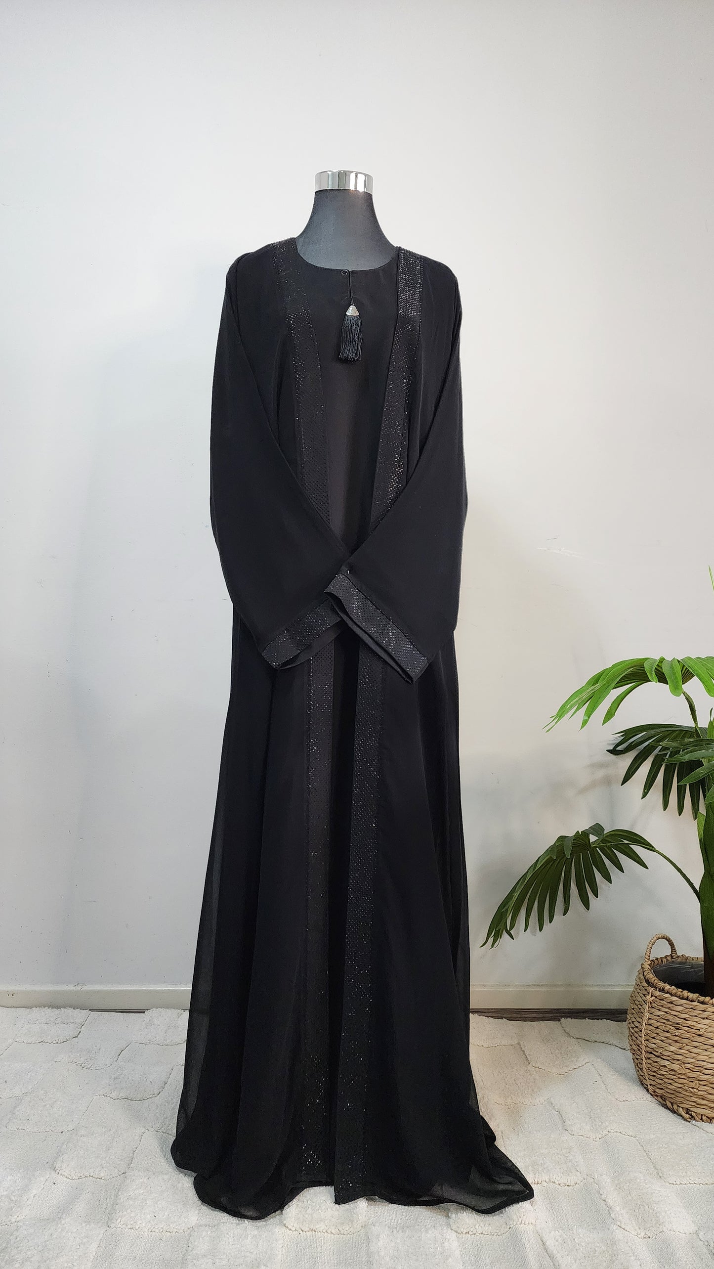 Black double layered Abaya with Tassel Detail – Elegant Modest Wear