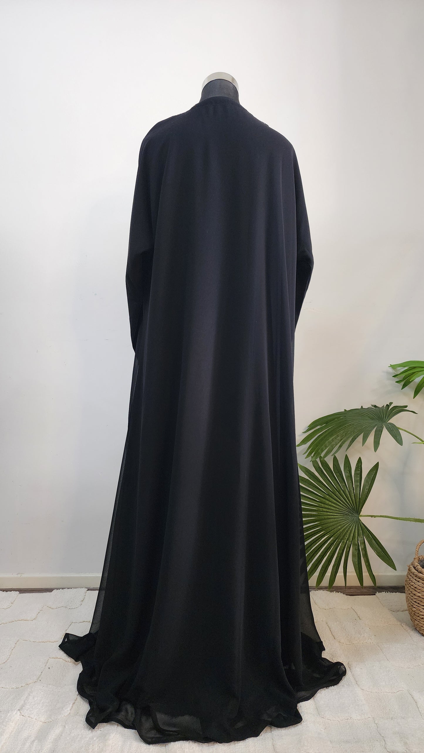 Black Double layered Abaya with Shimmering Teal Border – Elegant Modest Wear with Tassel Accent