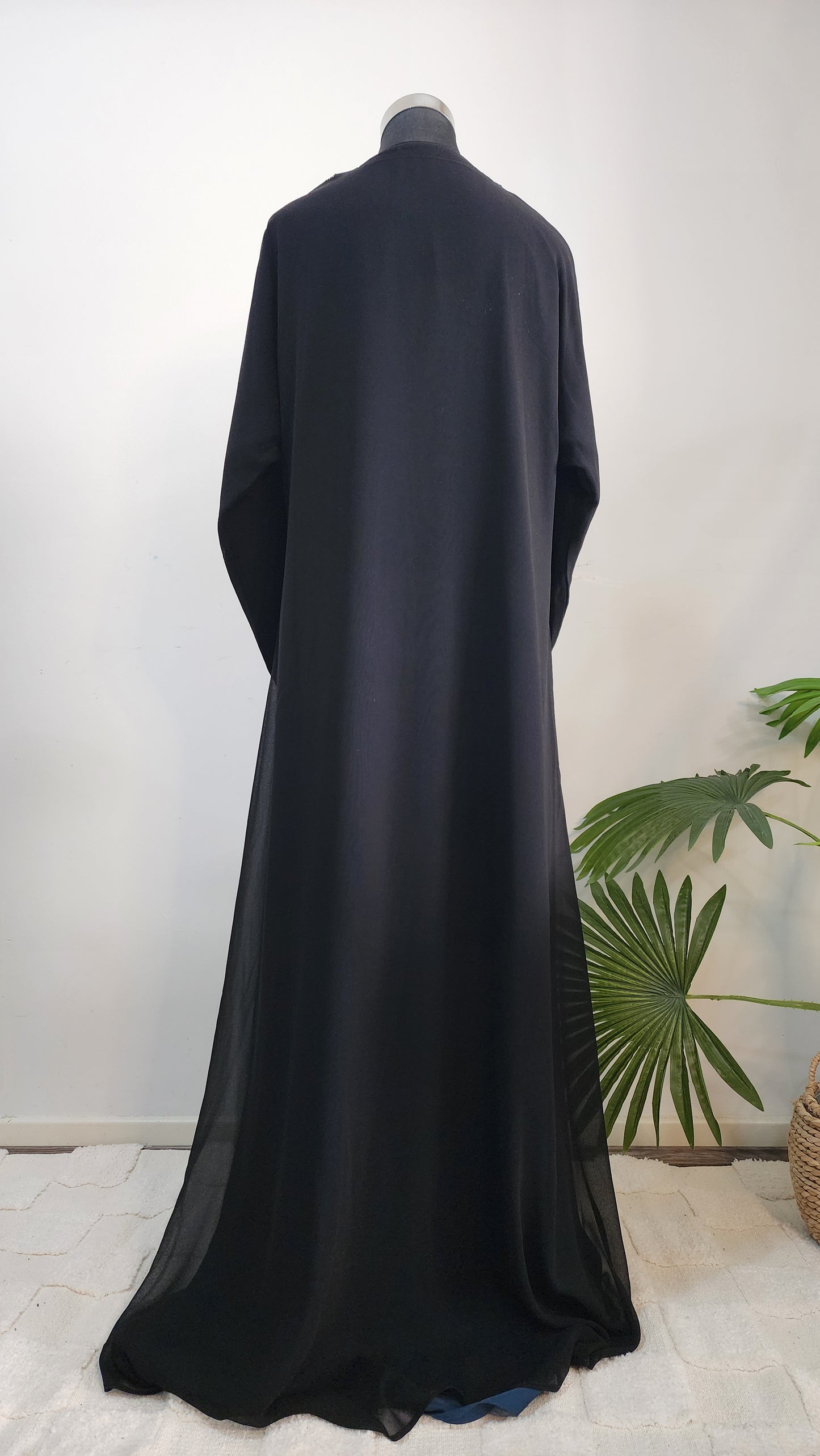Elegant Double layered Black Abaya with Teal Embroidered Trim – Modest Open Front Design