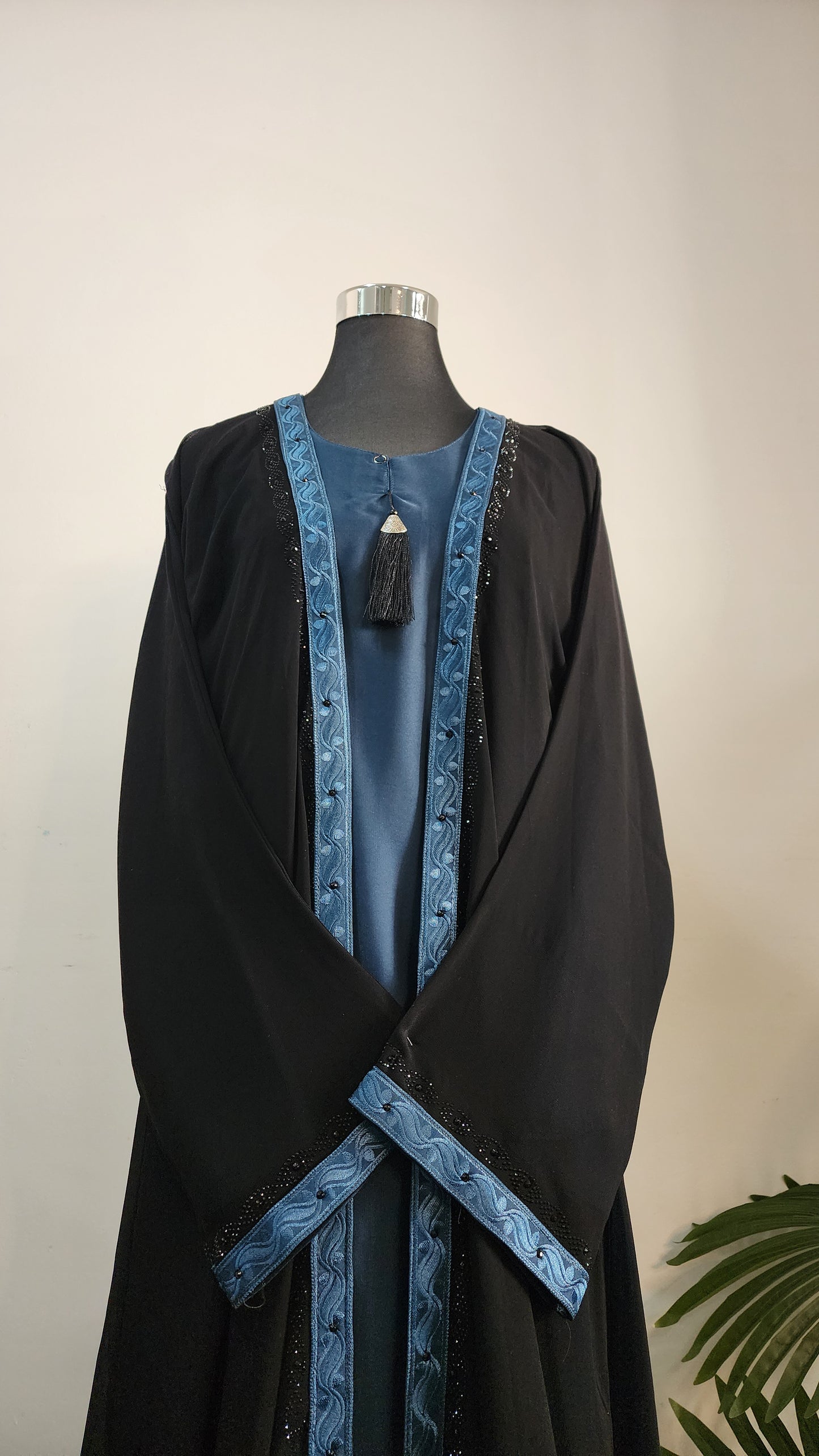 Elegant Double layered Black Abaya with Teal Embroidered Trim – Modest Open Front Design