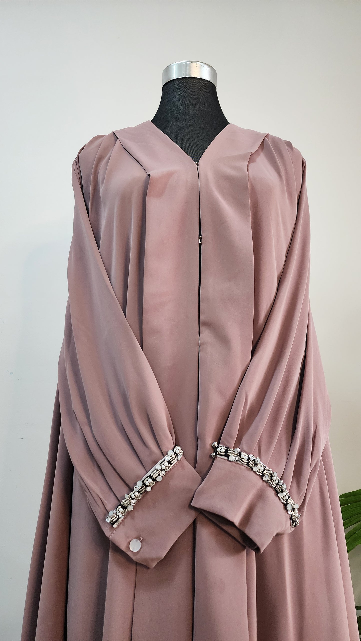 Lavender Pleated Front open Abaya with Embellished Cuffs – Elegant Modest Occasion Wear