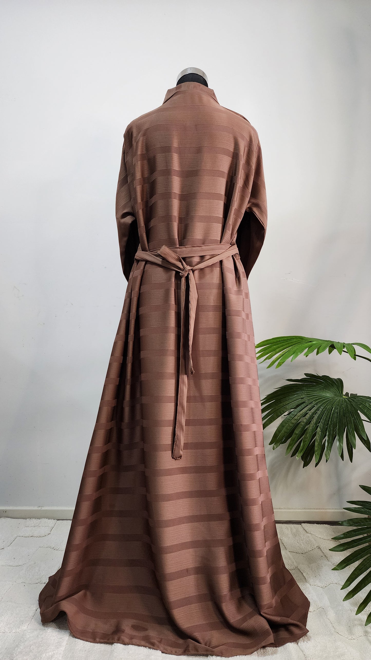 Brown Striped Abaya with Black Button Tassel Detail – Elegant Everyday Modest Wear