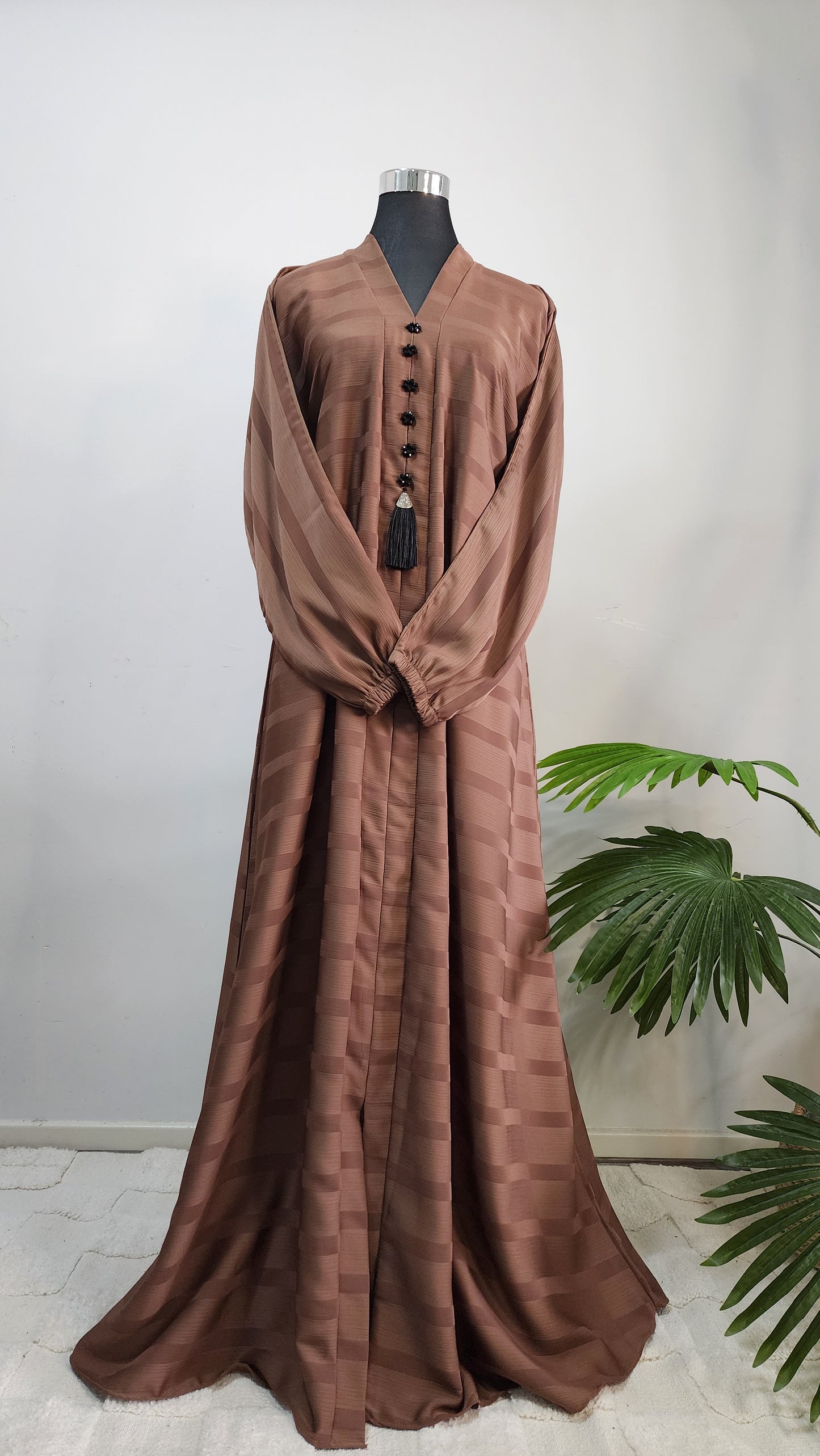 Brown Striped Abaya with Black Button Tassel Detail – Elegant Everyday Modest Wear