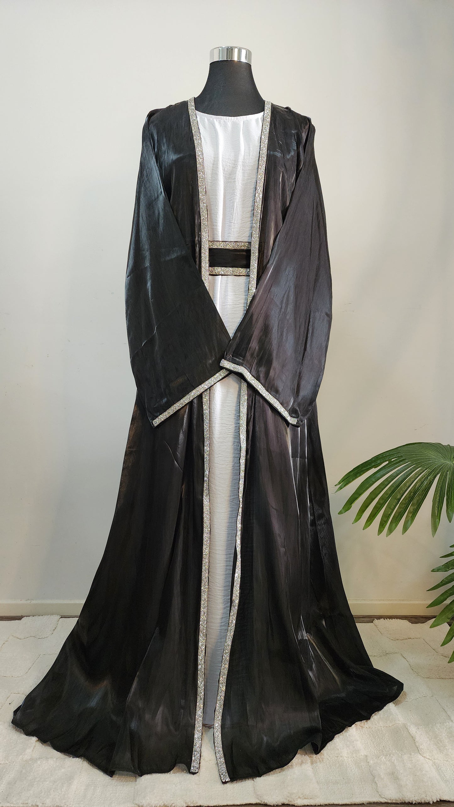Luxury Black Abaya with Silver Embellished Trim – Formal Modest Wear