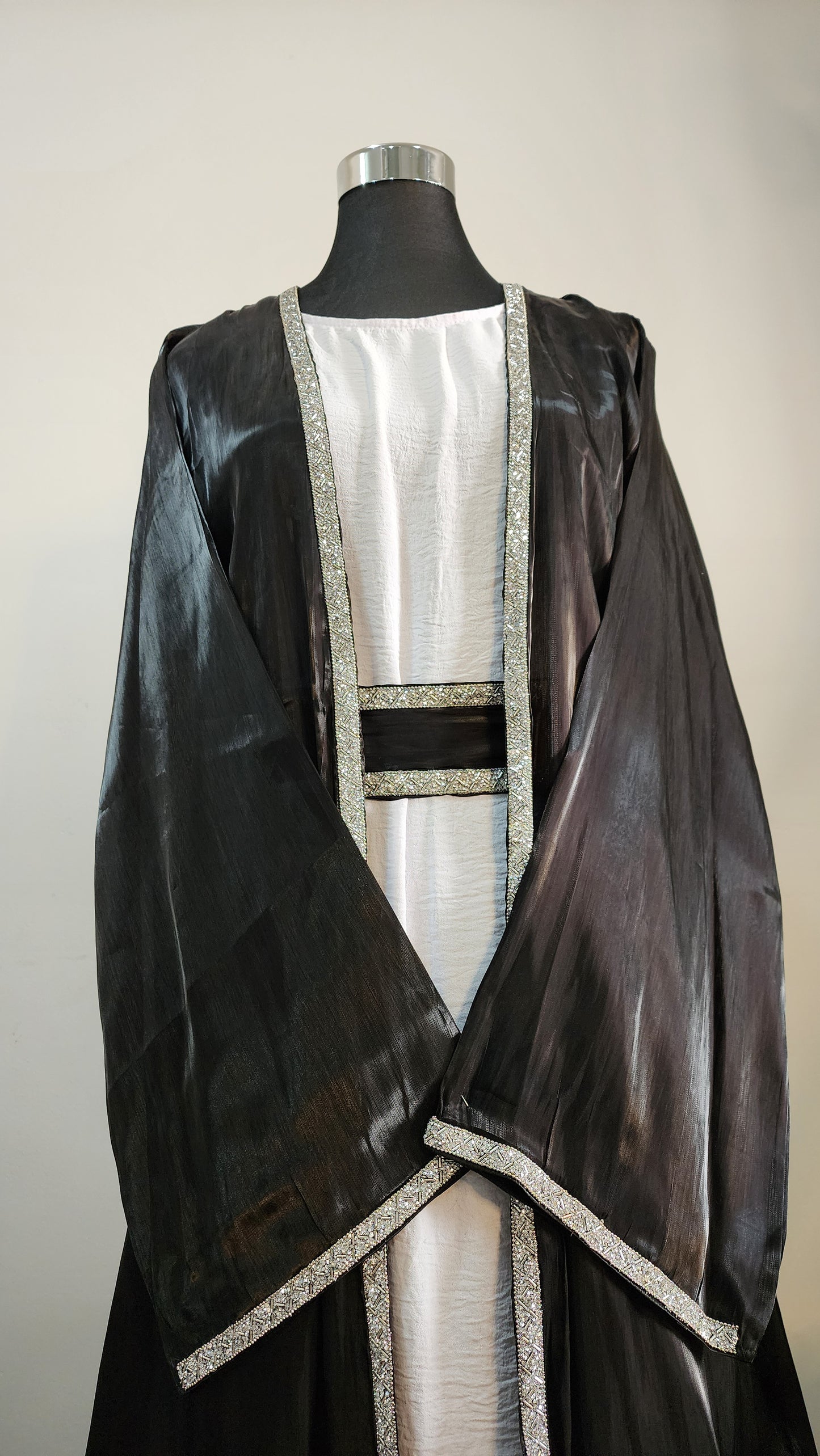 Luxury Black Abaya with Silver Embellished Trim – Formal Modest Wear