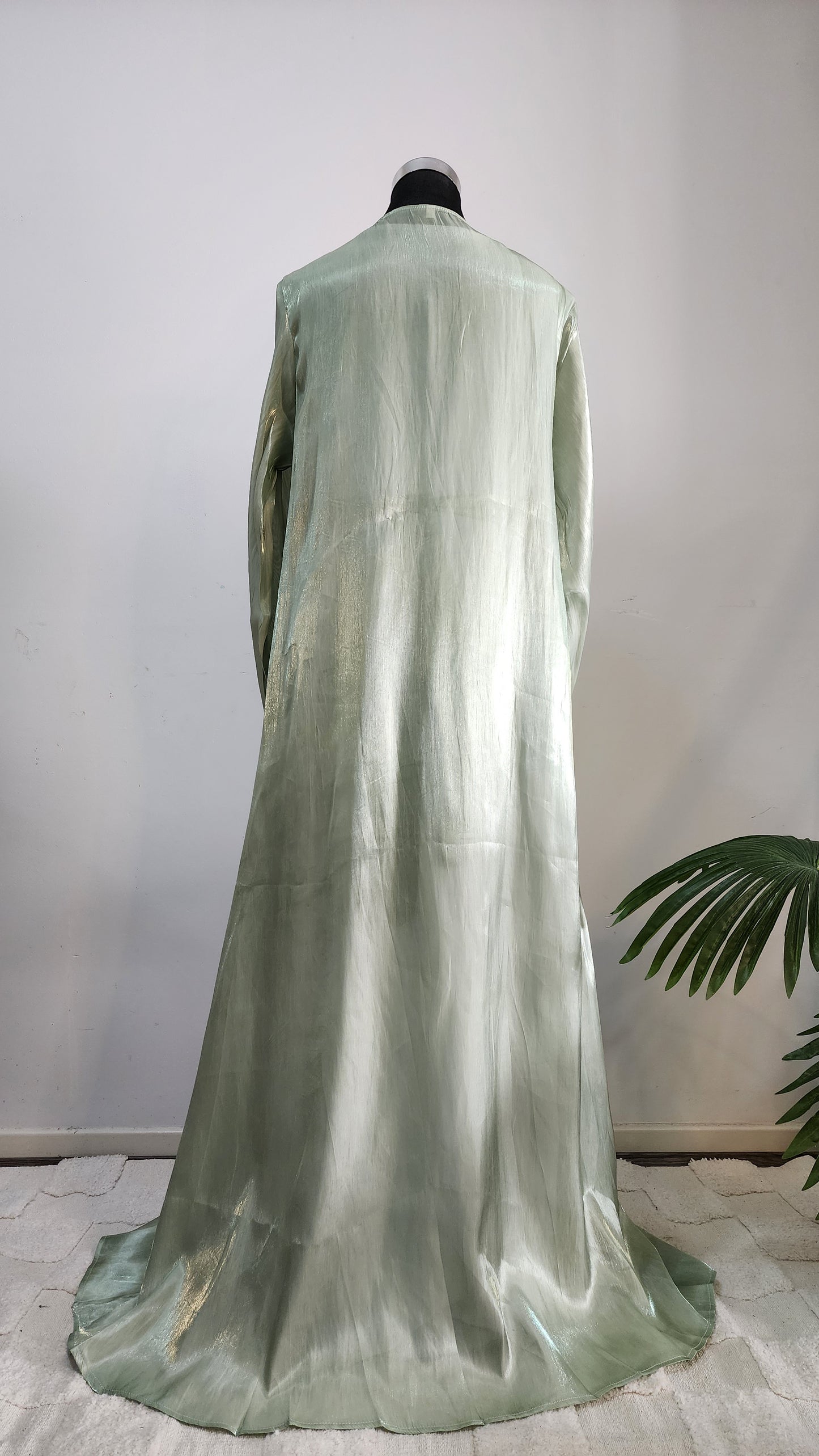 Luxury Light Green Abaya with Silver Embellished Trim – Formal Modest Wear
