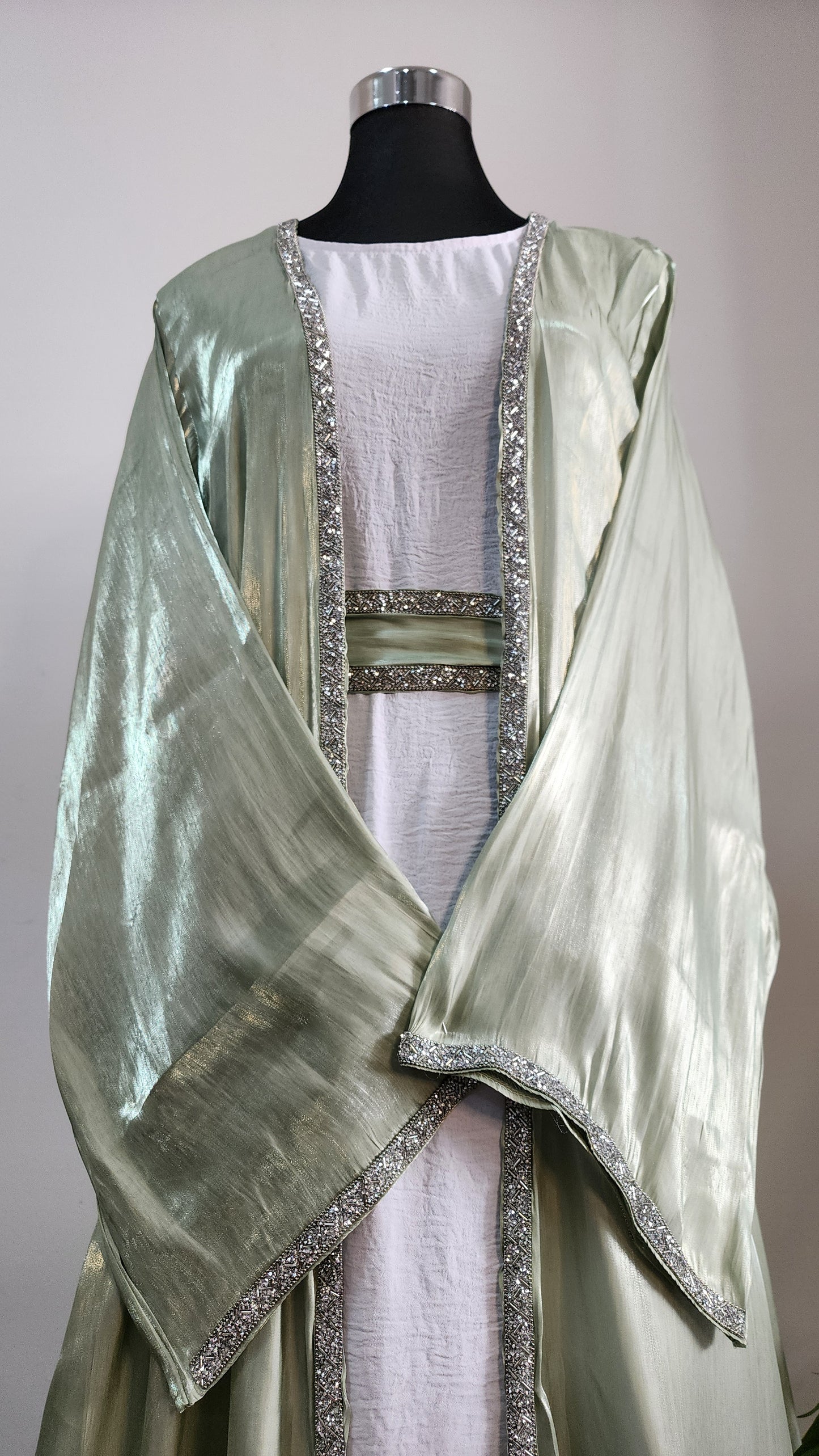 Luxury Light Green Abaya with Silver Embellished Trim – Formal Modest Wear