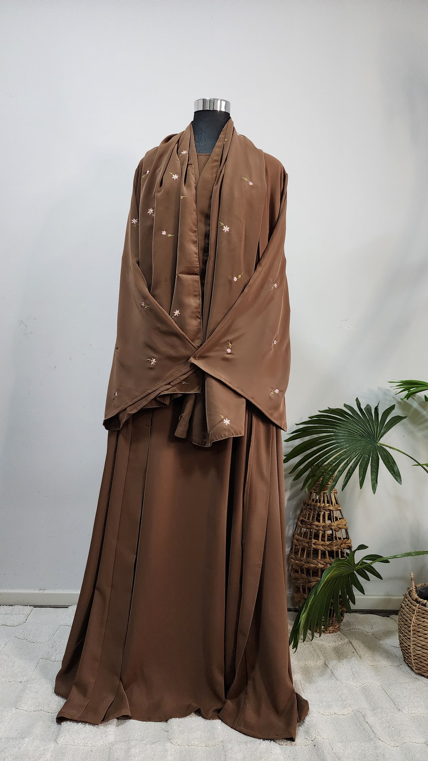 Chocolate Brown Abaya Set with Matching Scarf – Modest & Elegant