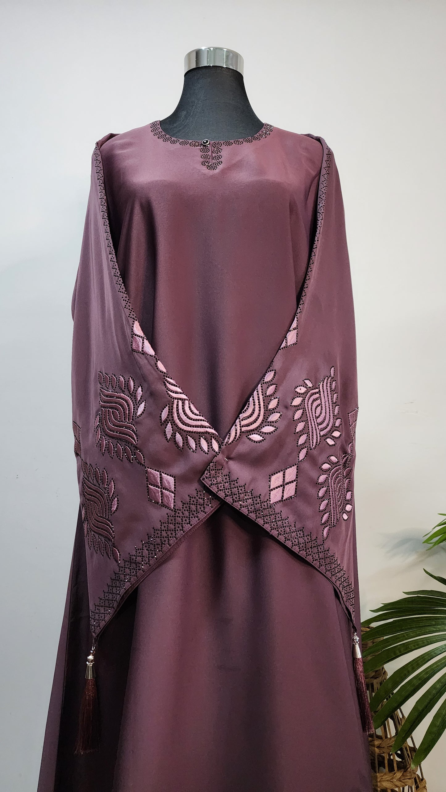 Mauve Embroidered Abaya – Elegant Modest Wear with Tassel Detailing