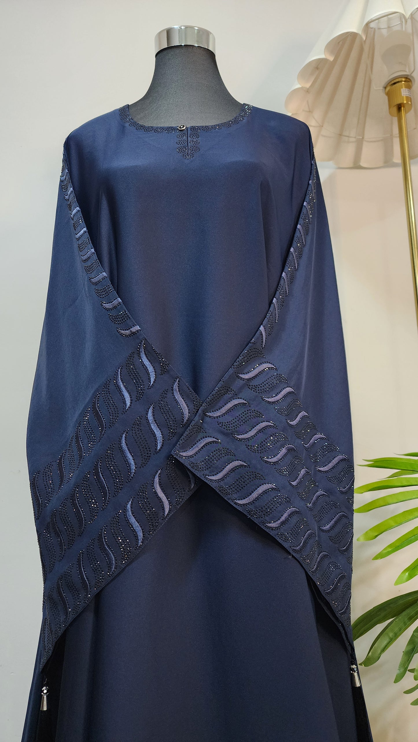 Navy Blue Embellished and Embroidered Abaya – Elegant Modest Wear with Beaded Detailing