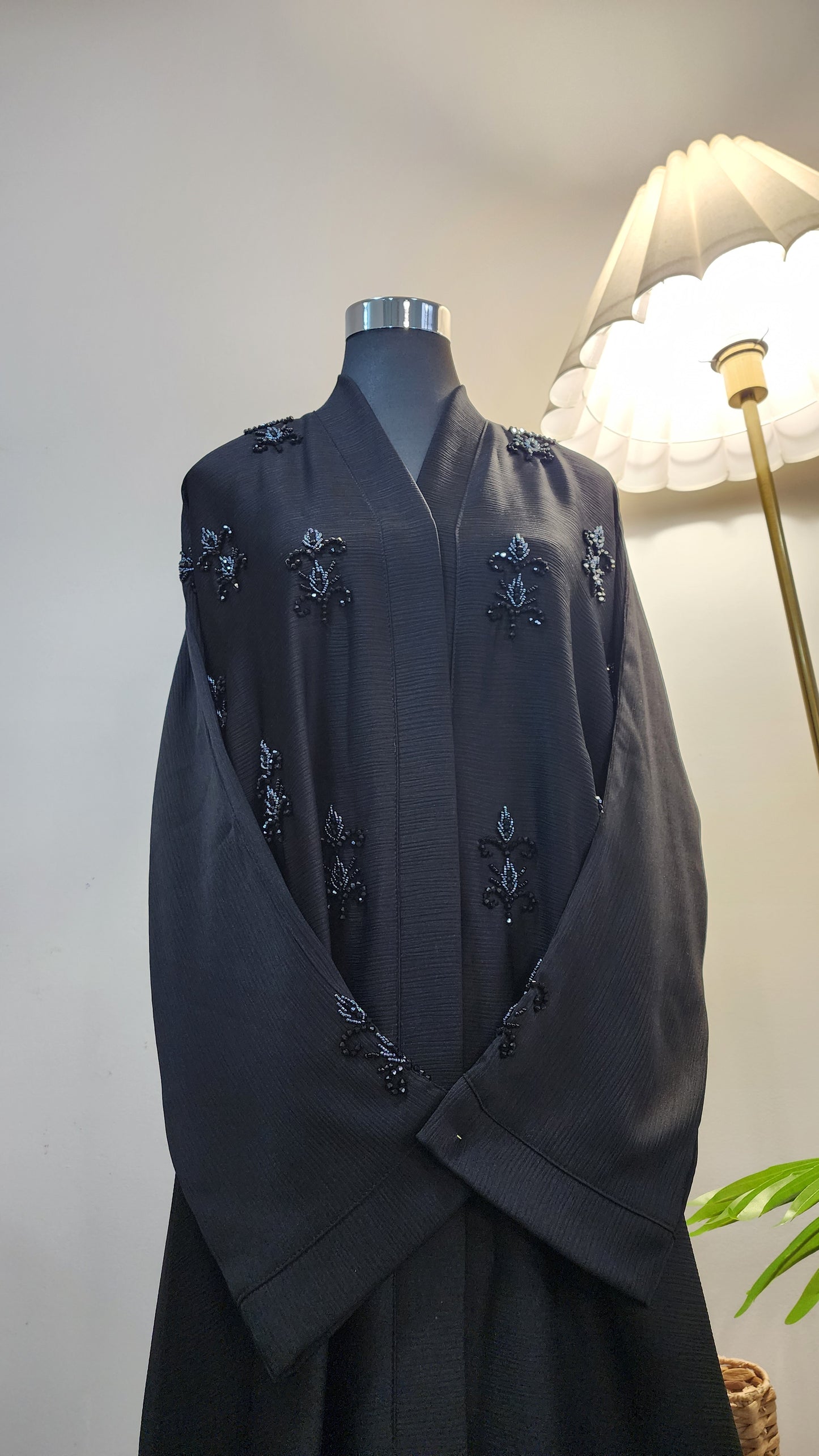 Black Beaded Front Open Abaya – Elegant Modest Wear with Hand Embellishments
