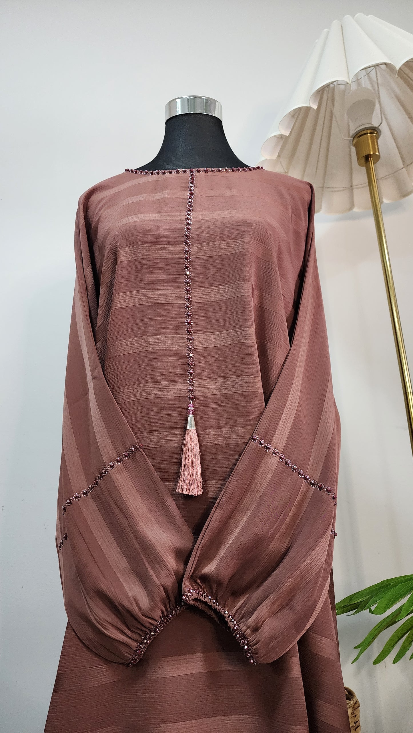 Rosewood Striped Abaya – Elegant Modest Wear with Beaded Tassel Detailing