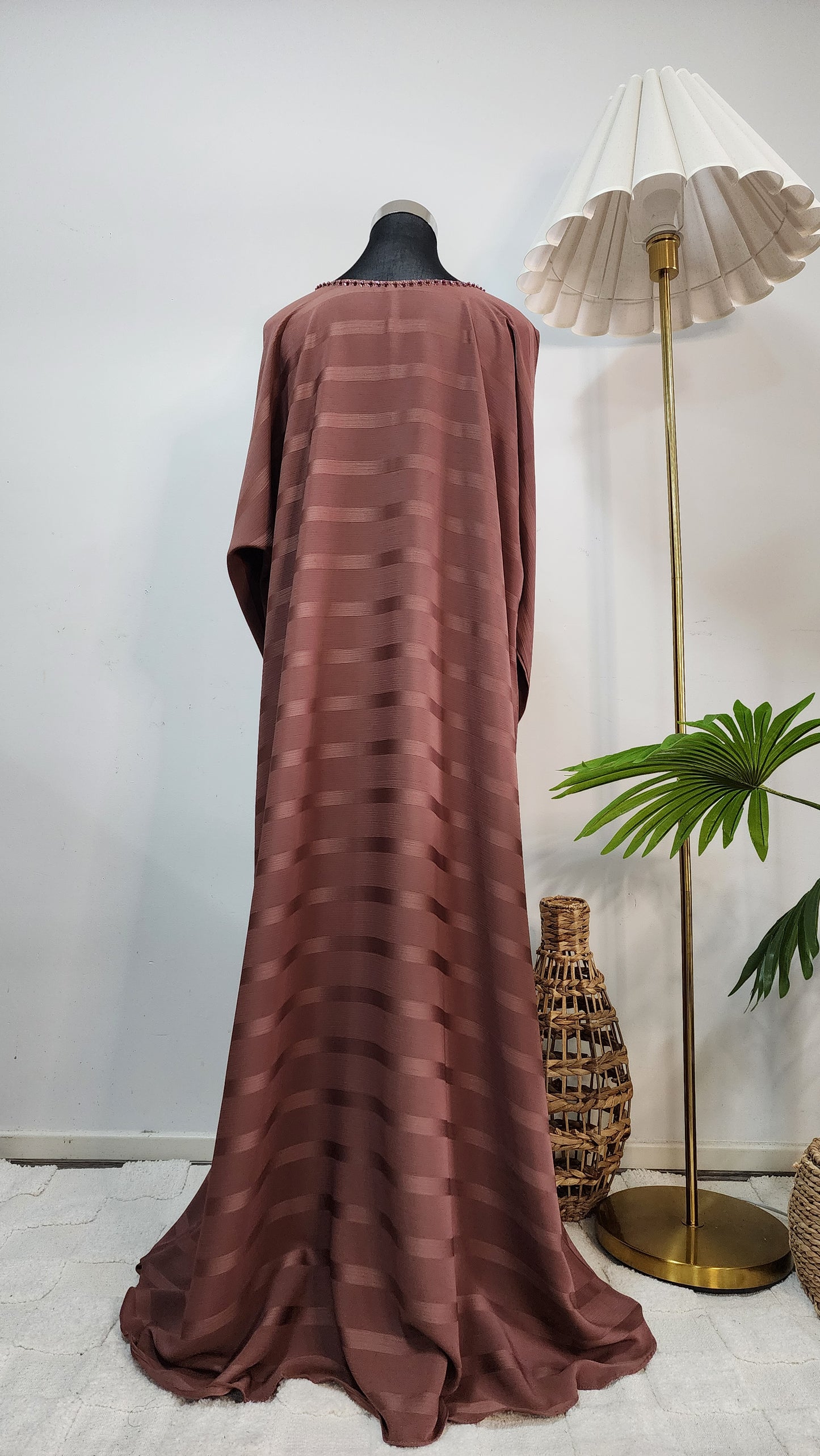 Rosewood Striped Abaya – Elegant Modest Wear with Beaded Tassel Detailing