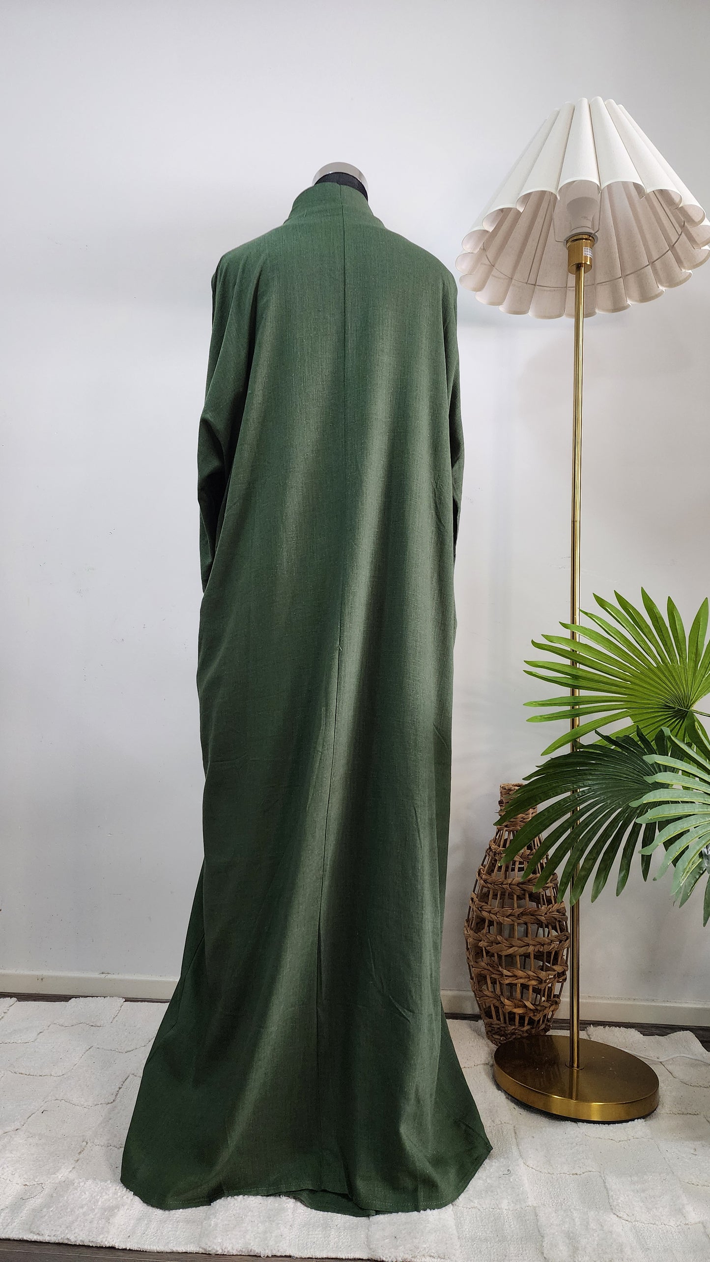 Army Green Two-Piece Linen Abaya Set – Modest Wear with Inner Dress and Open Abaya