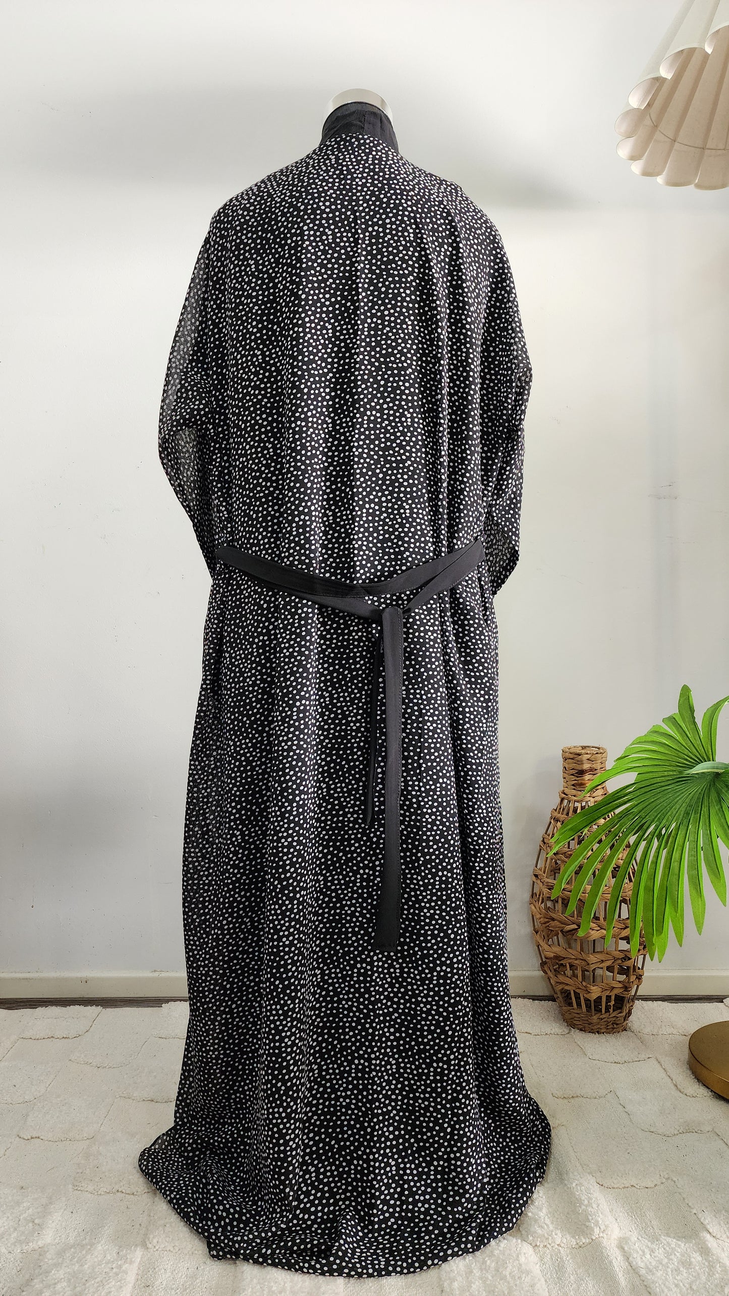 Black double layered Abaya with polka dot Printed Cardigan– Elegant Modest Wear