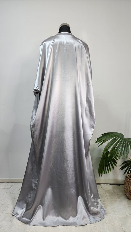 Elegant Satin Embroidered Abaya – Silver Gray Floral Design