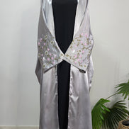 Elegant Satin Embroidered Abaya – Silver Gray Floral Design