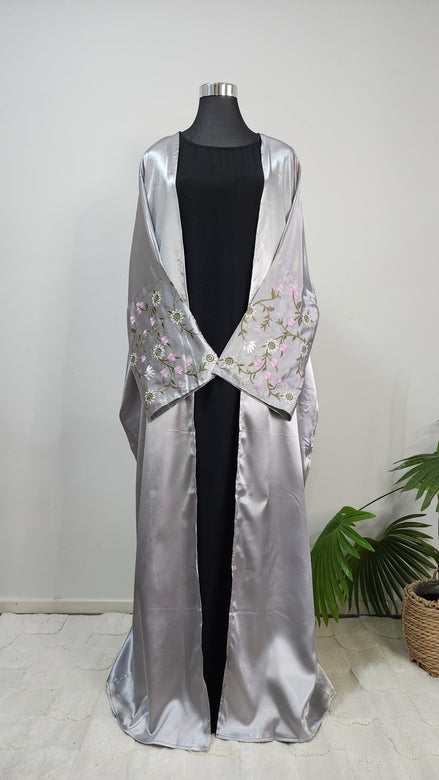 Elegant Satin Embroidered Abaya – Silver Gray Floral Design