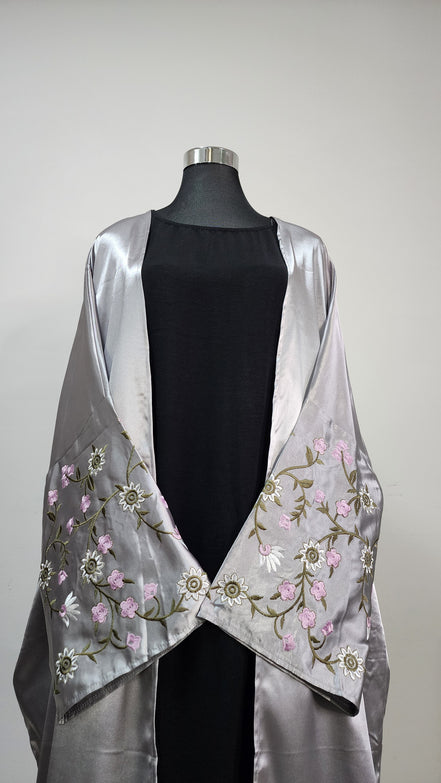 Elegant Satin Embroidered Abaya – Silver Gray Floral Design
