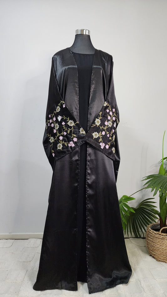 Elegant Satin Embroidered Abaya with Pockets – Black Floral Design