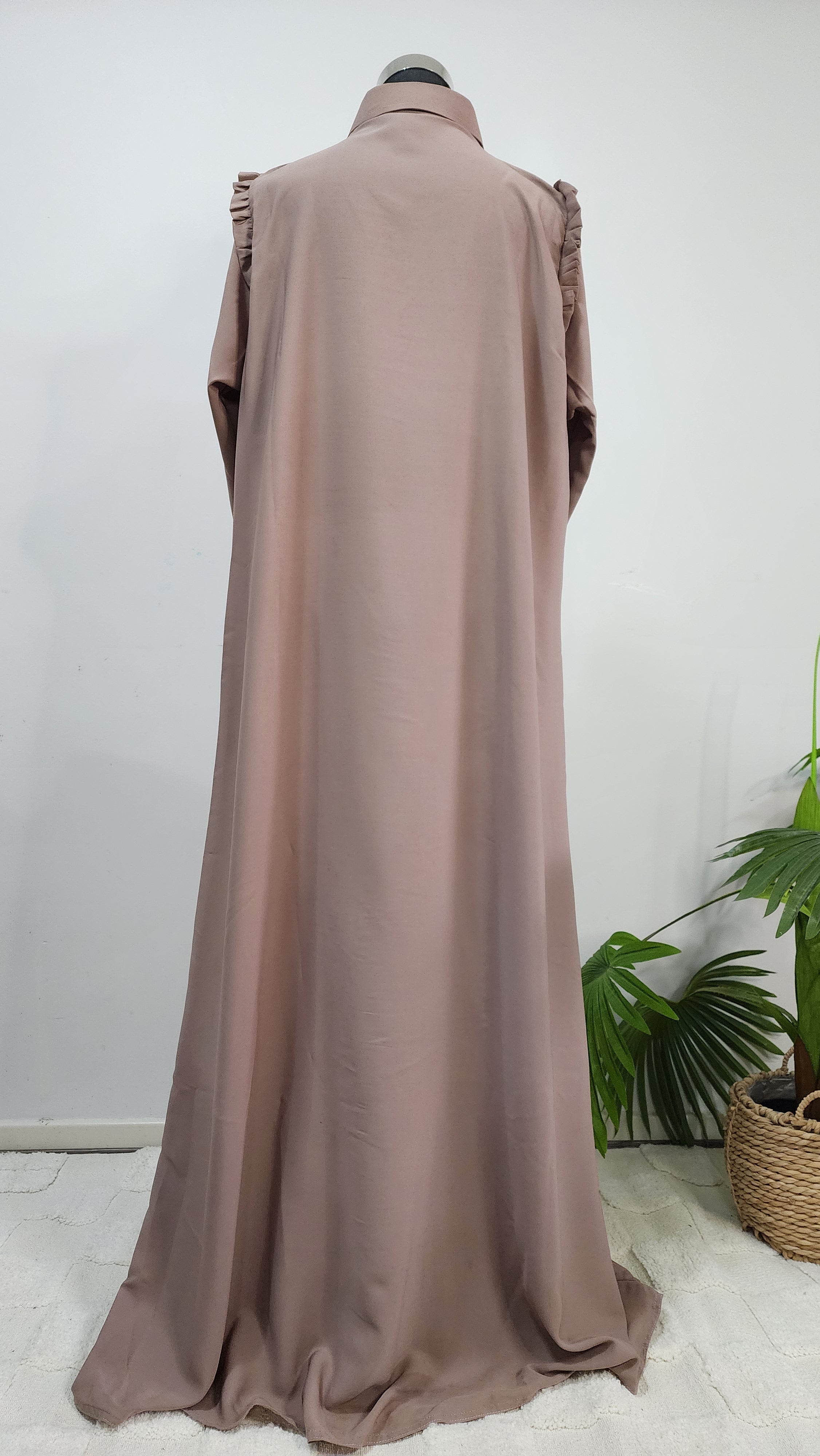 Beige Pleated Front-Open Abaya with Collar – Lightweight Modest Wear for Everyday Elegance