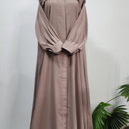 Beige Pleated Front-Open Abaya with Collar – Lightweight Modest Wear for Everyday Elegance