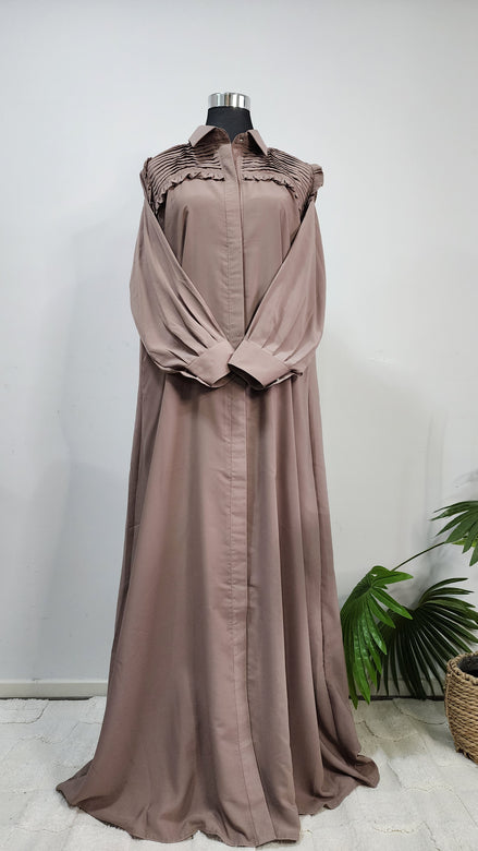 Beige Pleated Front-Open Abaya with Collar – Lightweight Modest Wear for Everyday Elegance