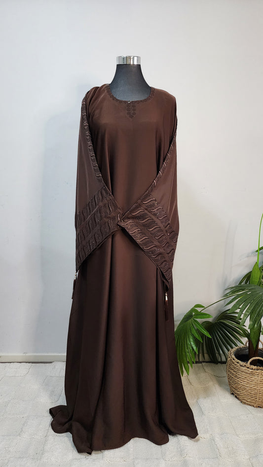 Chocolate Brown Abaya with Embellished Sleeves and Neckline – Modest Luxury with Tassel Detail