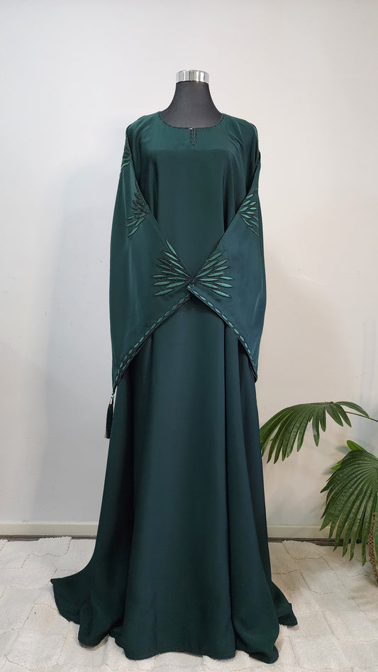 Emerald Green Abaya with Sleeve Embroidery – Modest Occasion Wear with Elegant Stitch Detail