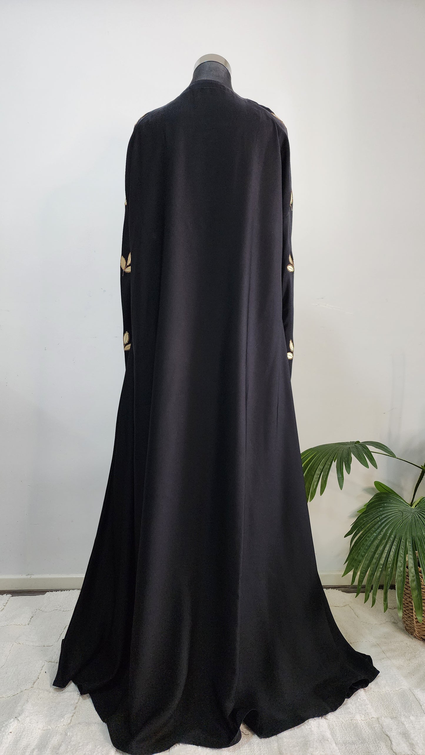 Black Abaya with Golden Leaf Embroidery and Tassel Accents – Luxe Modest Wear for Special Occasions