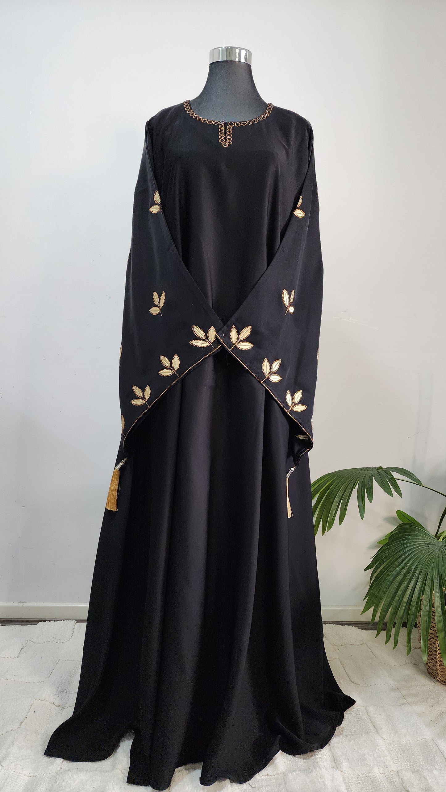 Black Abaya with Golden Leaf Embroidery and Tassel Accents – Luxe Modest Wear for Special Occasions