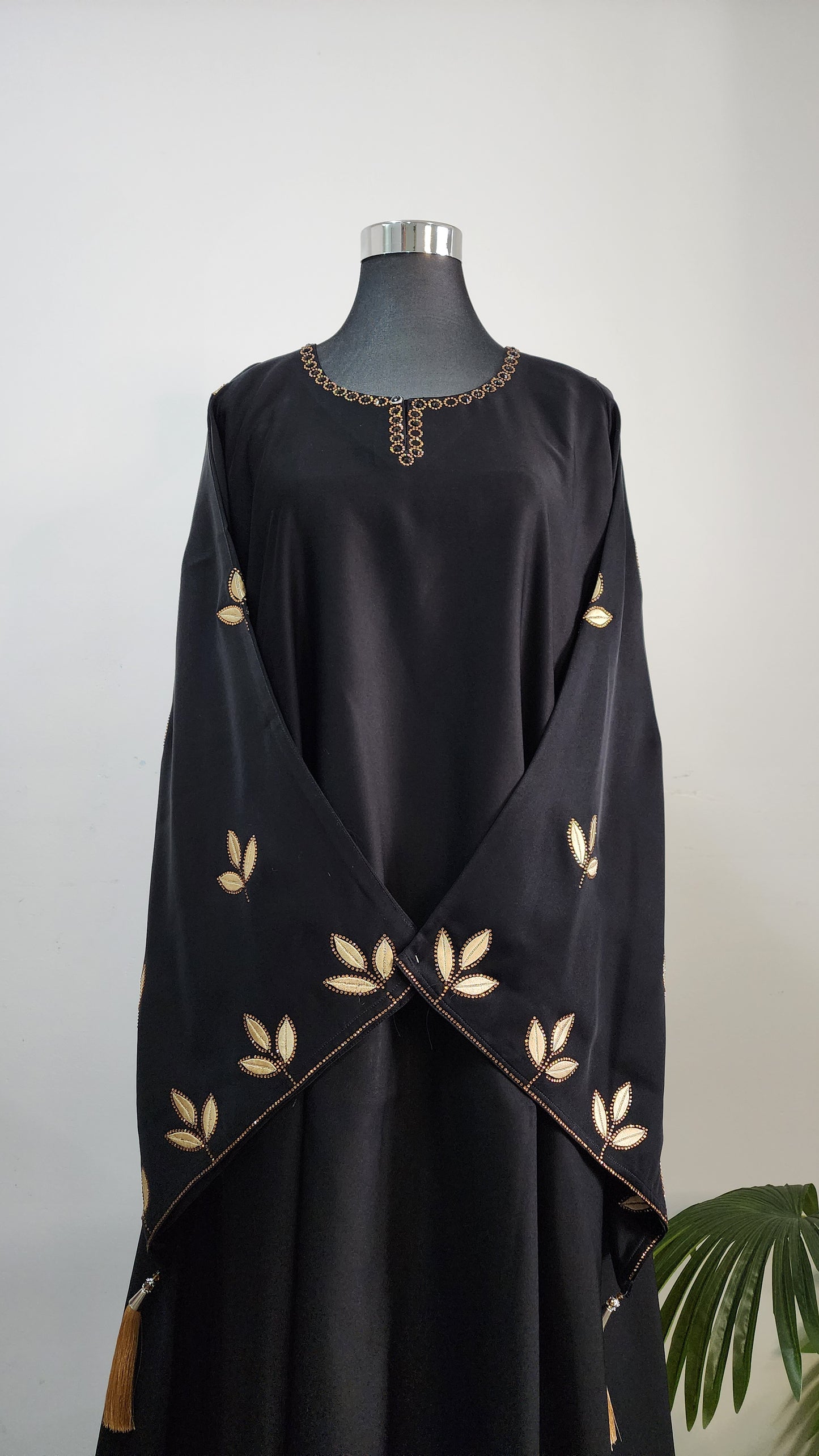 Black Abaya with Golden Leaf Embroidery and Tassel Accents – Luxe Modest Wear for Special Occasions