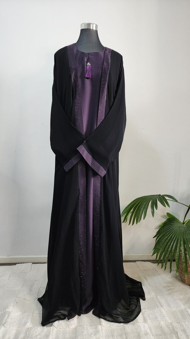 Black and Purple double Layered Abaya with Sequin Trim – Elegant Modest Evening Wear