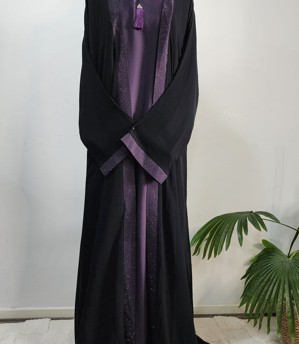 Black and Purple double Layered Abaya with Sequin Trim – Elegant Modest Evening Wear
