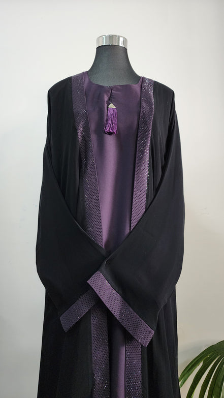 Black and Purple double Layered Abaya with Sequin Trim – Elegant Modest Evening Wear