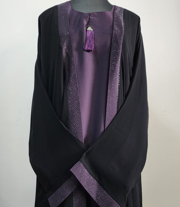 Black and Purple double Layered Abaya with Sequin Trim – Elegant Modest Evening Wear