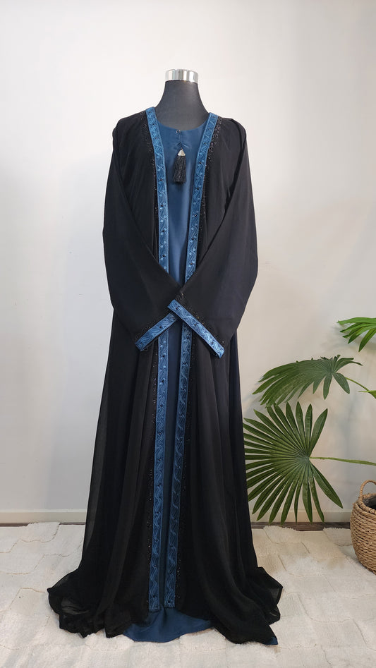 Elegant Double layered Black Abaya with Teal Embroidered Trim – Modest Open Front Design