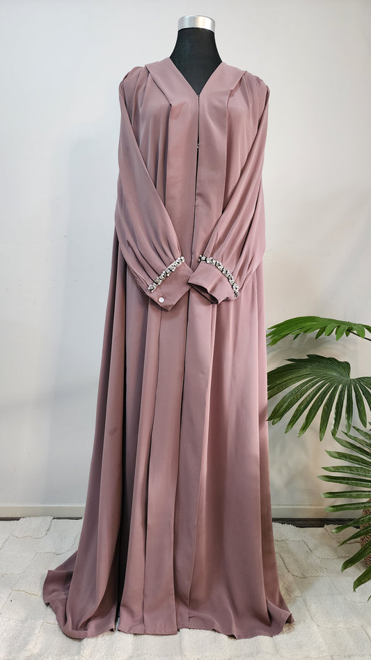 Lavender Pleated Front open Abaya with Embellished Cuffs – Elegant Modest Occasion Wear