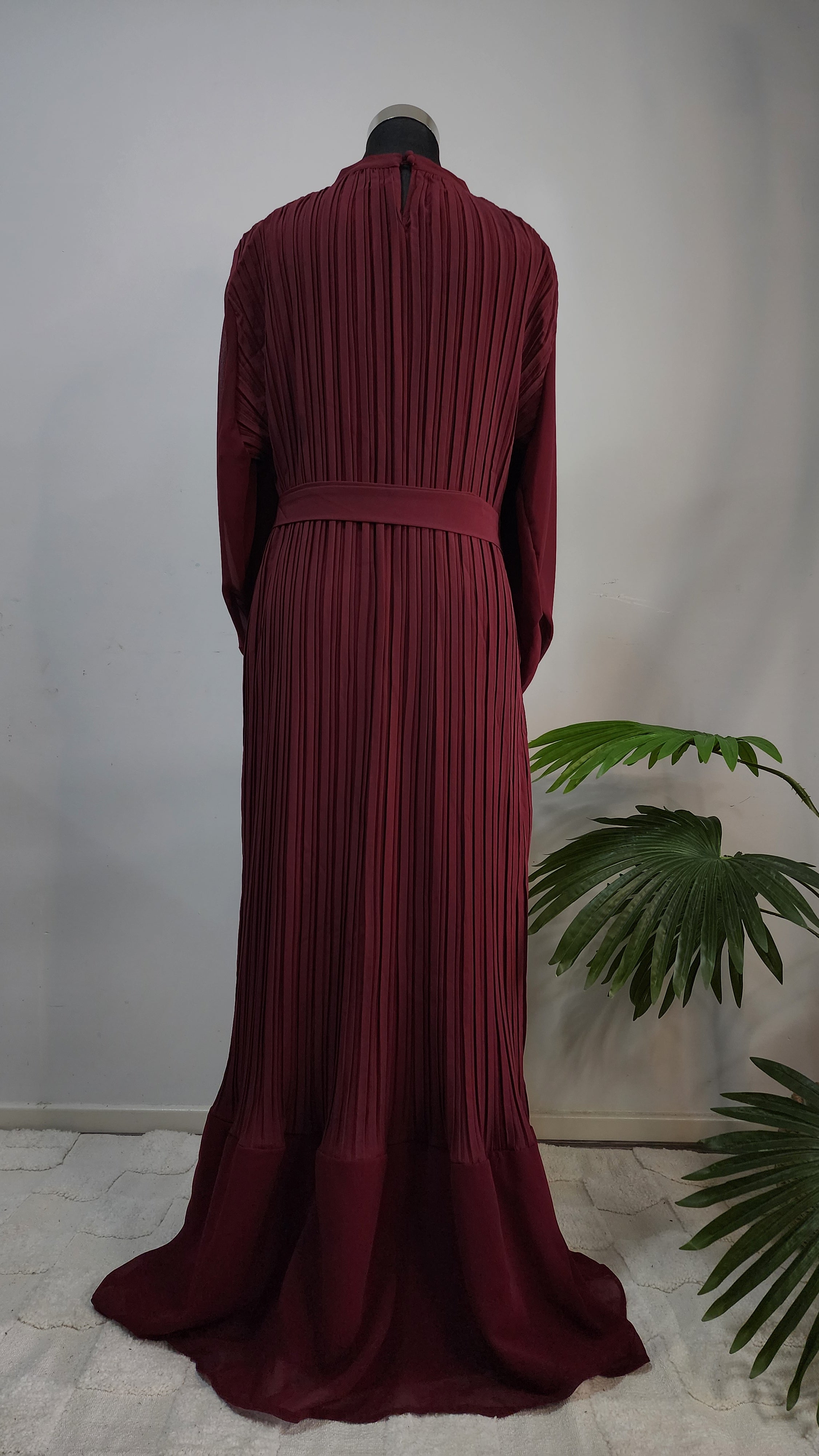 Maroon Pleated Modest dress with Belted Waist – Elegant Full-Length Modest Dress