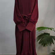 Maroon Pleated Modest dress with Belted Waist – Elegant Full-Length Modest Dress