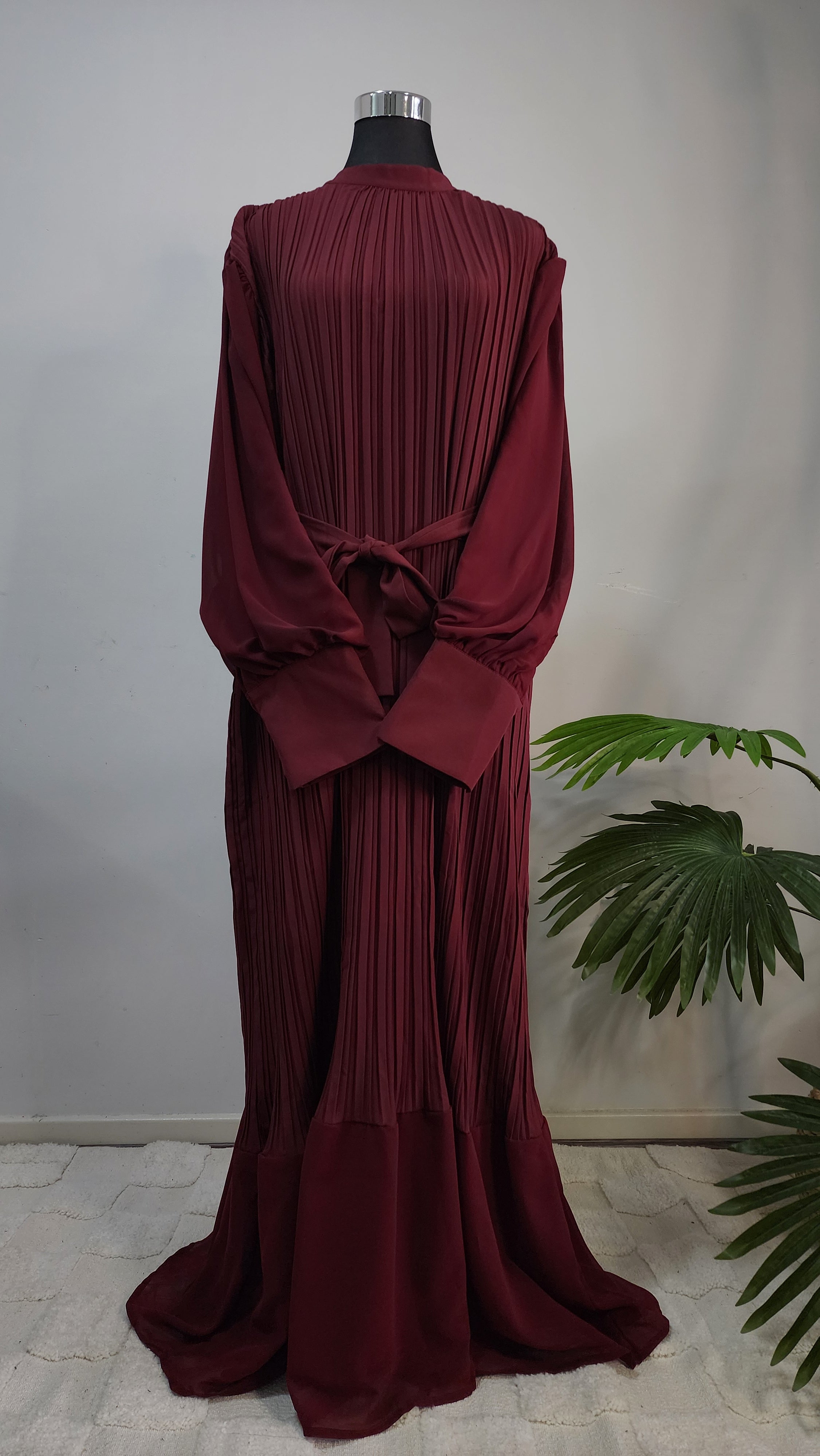Maroon Pleated Modest dress with Belted Waist – Elegant Full-Length Modest Dress