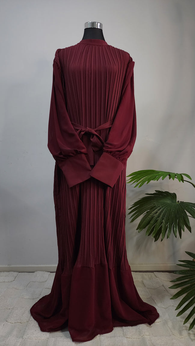 Maroon Pleated Modest dress with Belted Waist – Elegant Full-Length Modest Dress