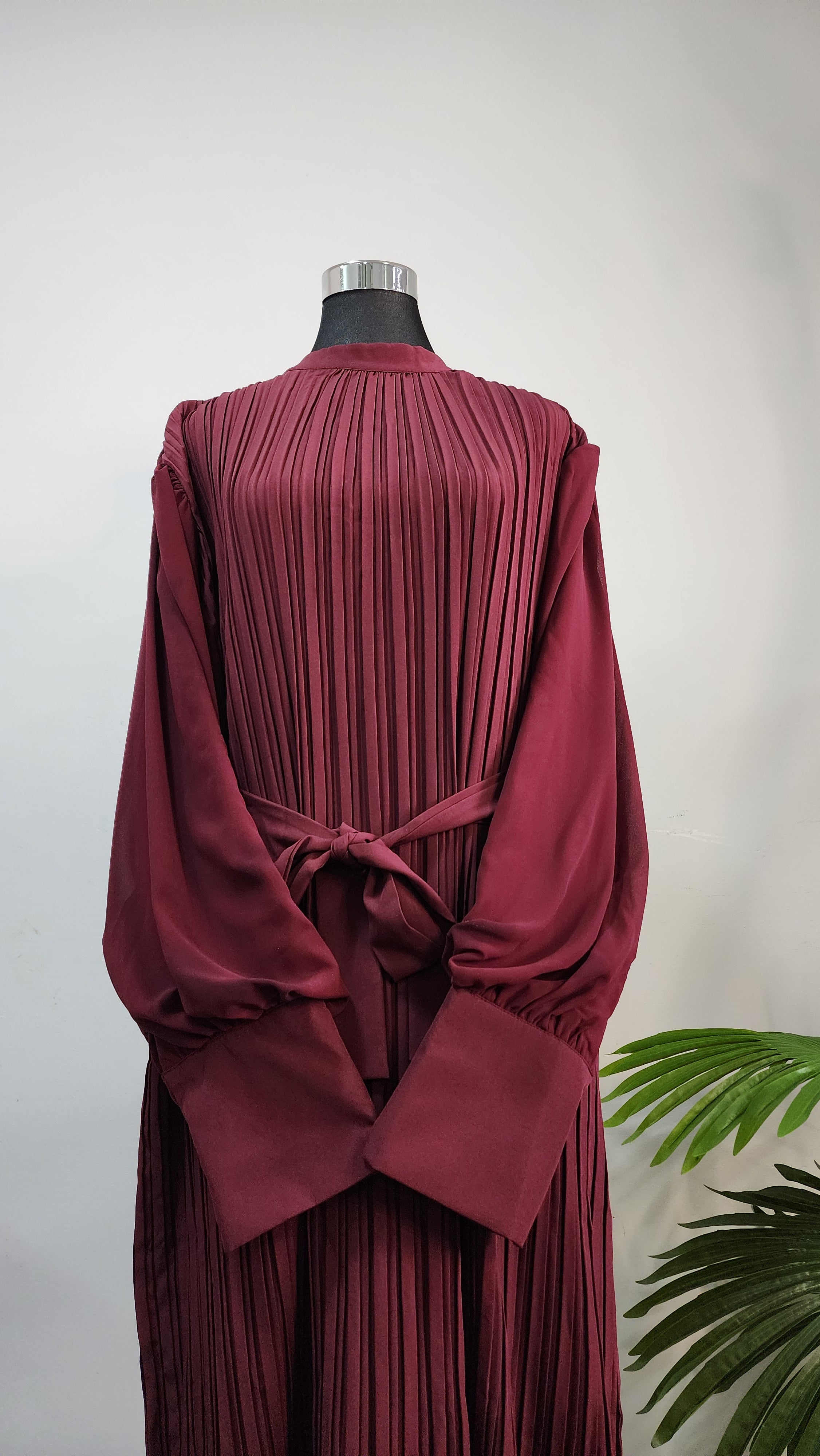 Maroon Pleated Modest dress with Belted Waist – Elegant Full-Length Modest Dress
